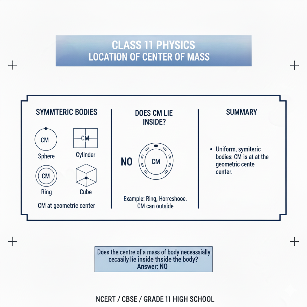 Give the location of the centre of mass of the following uniform, symmetric bodies: i) a sphere ii) a cylinder iiii) a ring iv) a cube