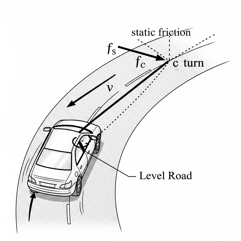 Car moving on a level road, static friction providing centripetal force.