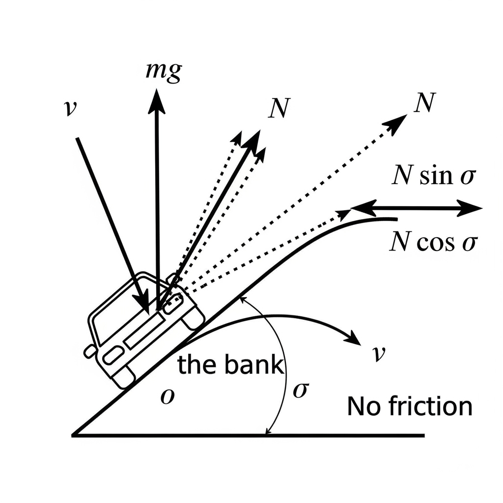Motion on a banked road without friction.