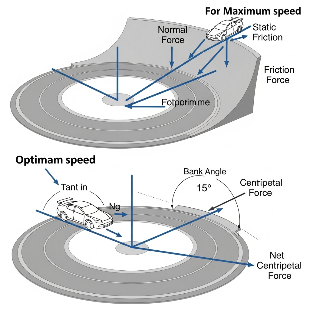 Example 4.11 Circular racetrack (banked at 15°), optimum speed and max speed of car.