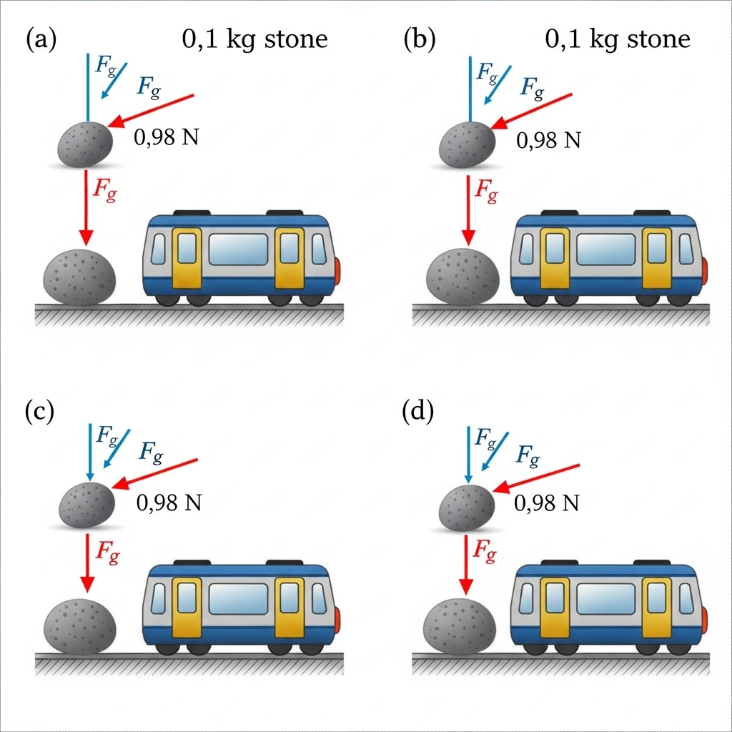 Net force on a stone (0.1 kg):
(a) dropped from stationary train,
(b) dropped from train at 36 km/h constant velocity,
(c) dropped from train accelerating at 1 m/s²,
(d) resting on floor of accelerating train.
