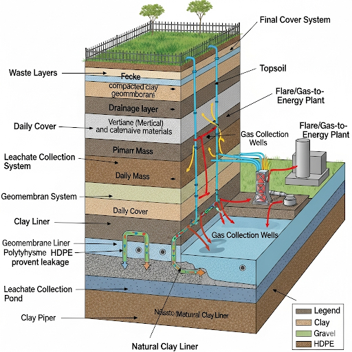 2. What are landfills? Draw a well-labelled diagram for a landfill. Give one example of a landfill.