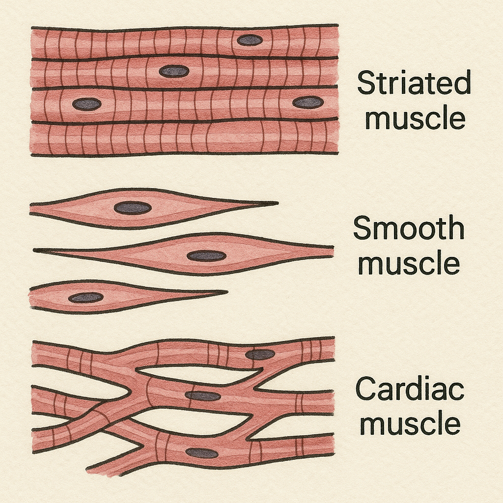 Diagrammatically show the difference between the three types of muscle fibres.