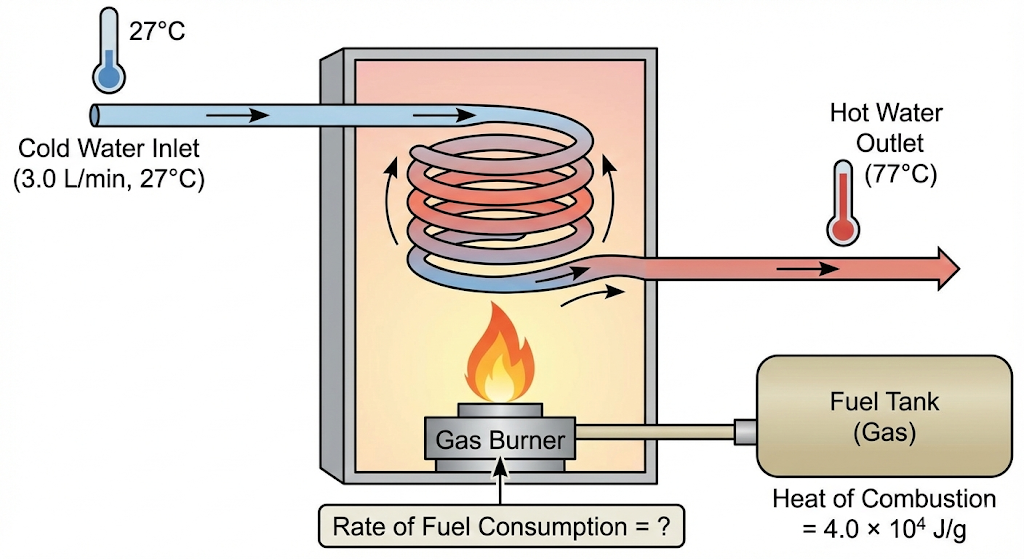 A geyser heats water flowing at the rate of 3.0 litres per minute from 27 degrees C to 77 degrees C. If the geyser operates on a gas burner whose heat of combustion is 4.0 × 10^4 J/g, find the rate of consumption of the fuel.