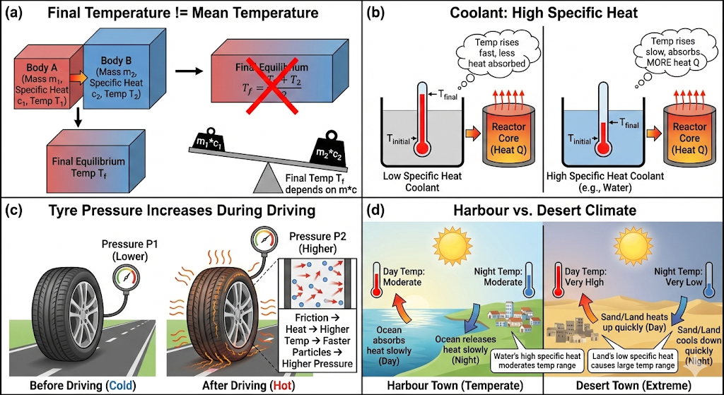 Explain why:
(a) Two bodies at different temperatures T1 and T2, if brought into thermal contact, do not necessarily settle to the mean temperature (T1 + T2)/2.
(b) The coolant in a chemical or nuclear plant should have high specific heat.
(c) Air pressure in a car tyre increases during driving.
(d) The climate of a harbour town is more temperate than that of a town in a desert at the same latitude.