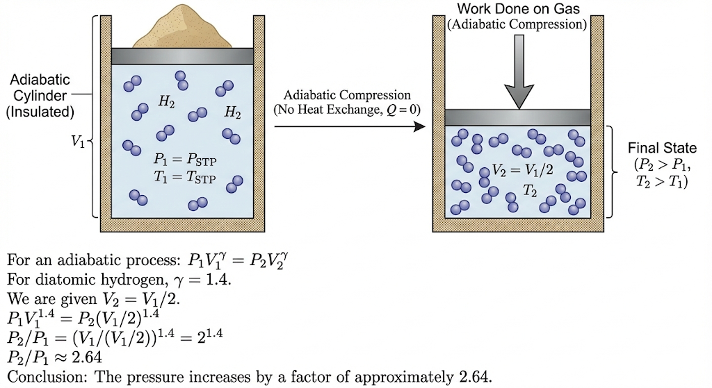 A cylinder with a movable piston contains hydrogen at standard temperature and pressure. The walls of the cylinder are insulating and the piston is insulated by a pile of sand. By what factor does the pressure of the gas increase if the gas is compressed to half its original volume? (Assume adiabatic compression of diatomic hydrogen.)