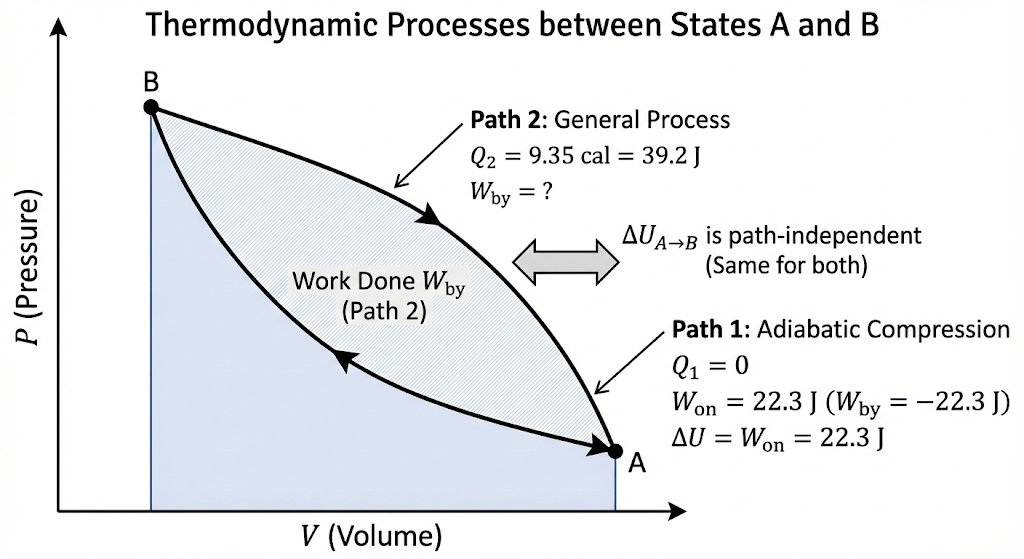 In changing the state of a gas adiabatically from an equilibrium state A to another equilibrium state B, an amount of work equal to 22.3 J is done on the system. If the gas is taken from state A to B via a process in which the net heat absorbed by the system is 9.35 cal, how much is the net work done by the system in the latter case? (Take 1 cal = 4.19 J.)