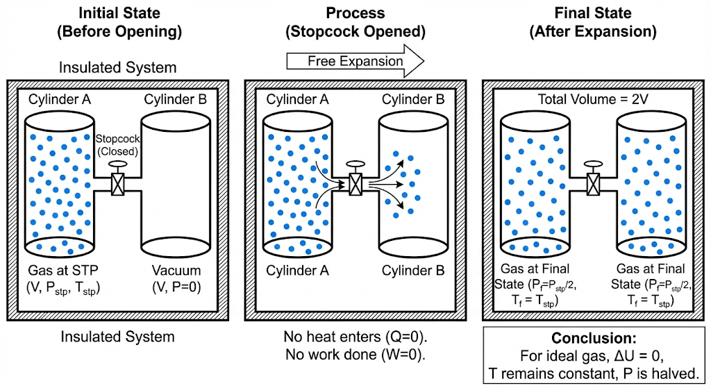Question 11.6
Two cylinders A and B of equal capacity are connected to each other via a stopcock. Cylinder A contains a gas at standard temperature and pressure. Cylinder B is completely evacuated (vacuum). The entire system is thermally insulated. The stopcock is suddenly opened. Answer:
(a) What is the final pressure of the gas in A and B?
(b) What is the change in internal energy of the gas?
(c) What is the change in the temperature of the gas?
(d) Do the intermediate states of the system (before settling to the final equilibrium) lie on its P-V-T surface?