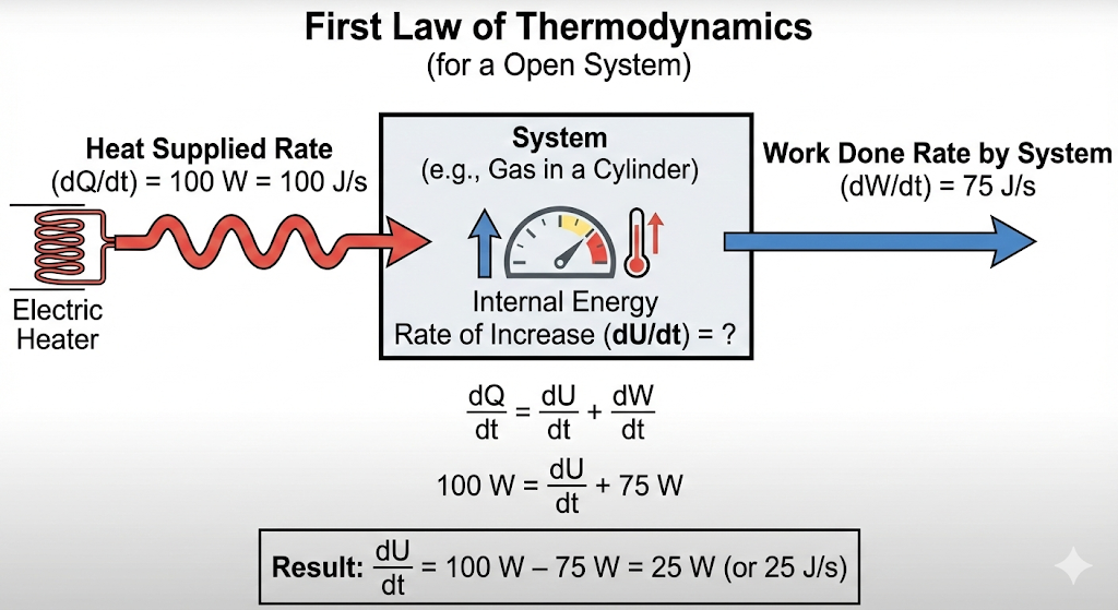 An electric heater supplies heat to a system at a rate of 100 W. If the system performs work at a rate of 75 J per second, at what rate is the internal energy increasing?