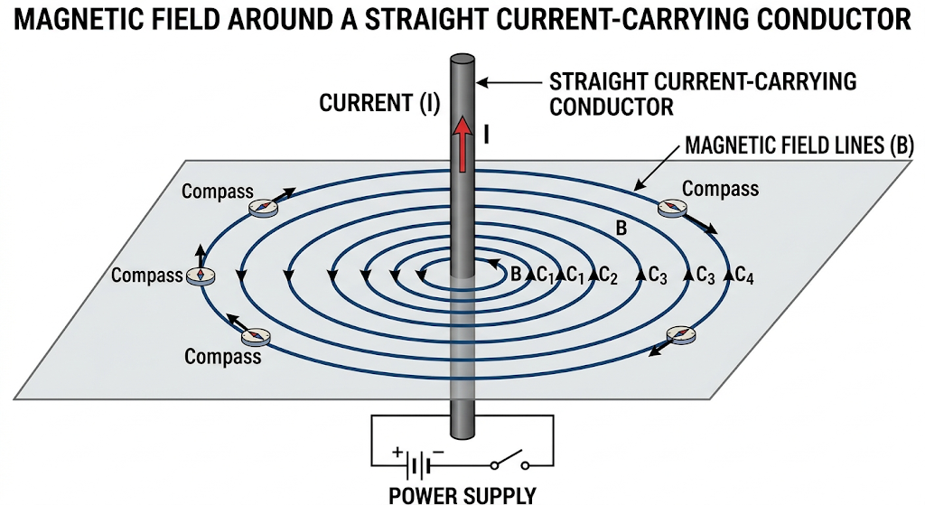 Draw the magnetic field lines around a straight current carrying conductor.