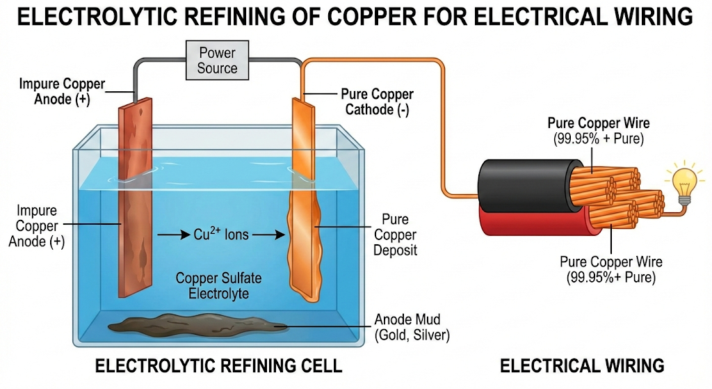 
A reddish-brown metal ‘X’, when heated in air, gives a black compound ‘Y’, which when
heated in presence of H₂ gas gives ‘X’ back. ‘X’ is refined by the process of electrolysis;
this refined form of ‘X’ is used in electrical wiring.
Identify ‘X’ and ‘Y’. Draw a well-labeled diagram to represent the process of refining ‘X’.