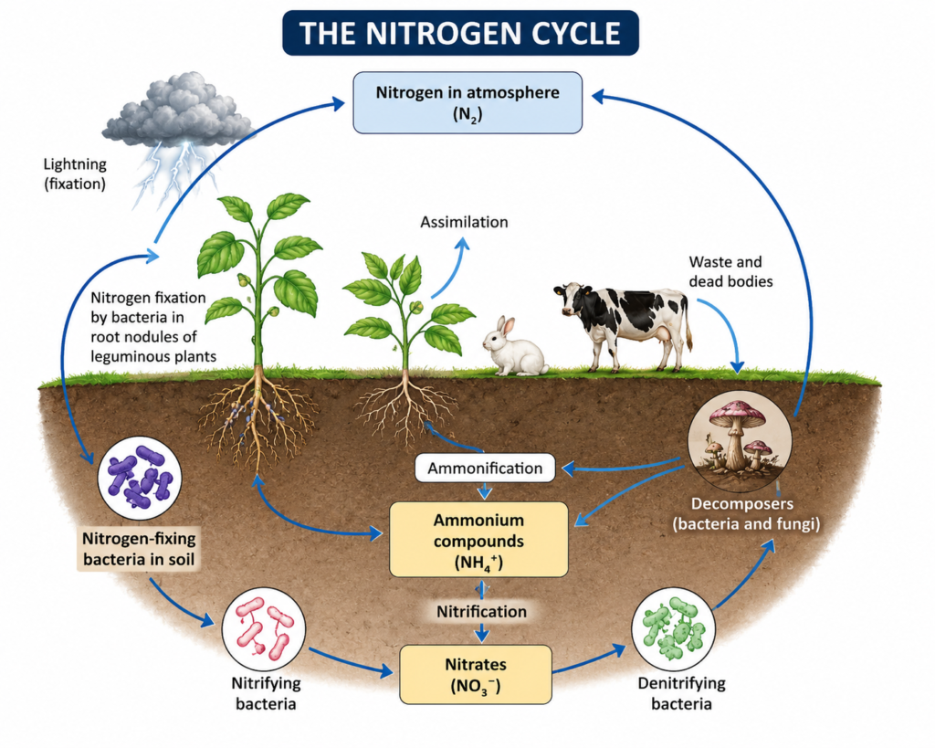 With the help of a labelled diagram, describe the nitrogen cycle.